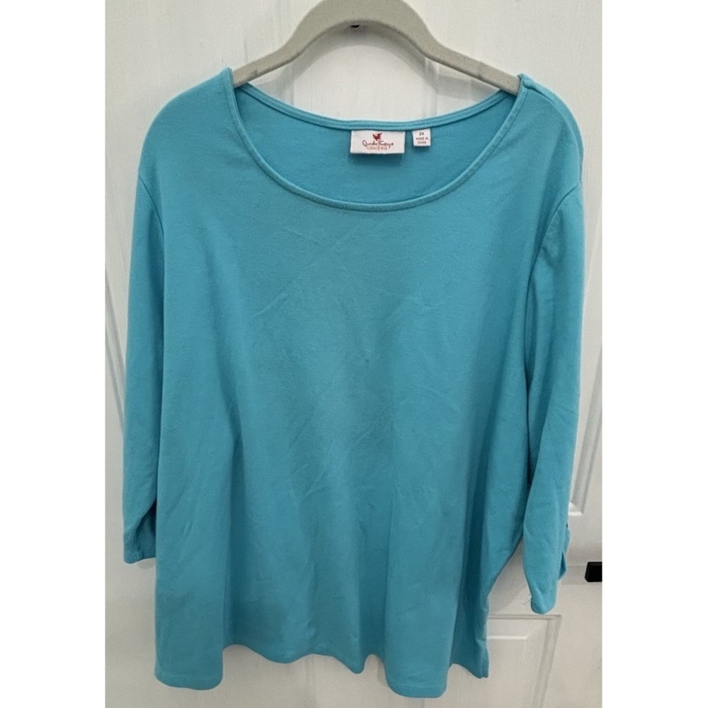 Quacker Factory Women 2X Turquoise Blue 3/4 Sleeve Top Pearl Bow Cuffs Cotton - Picture 2 of 7